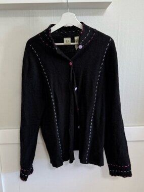Vintage Wool Black Cardigan with Contrast Stitching